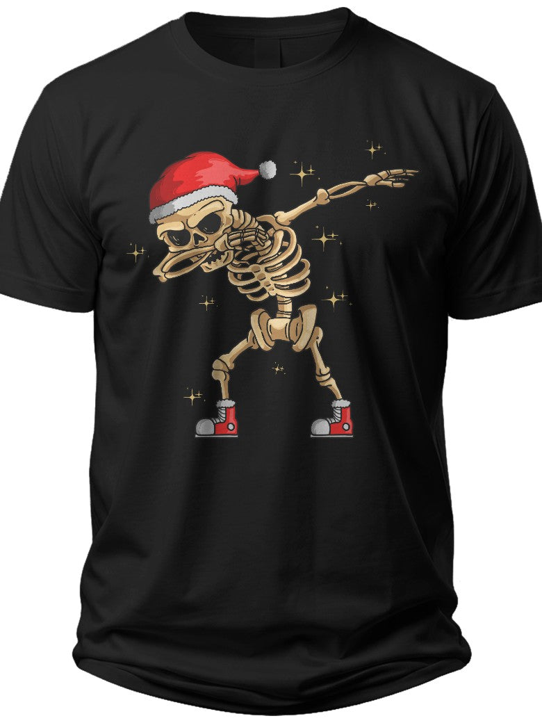 Men Women Funny Dabbing Skeleton Christmas T-Shirt Black Short Sleeve Santa Hat Holiday Party Gift Tee