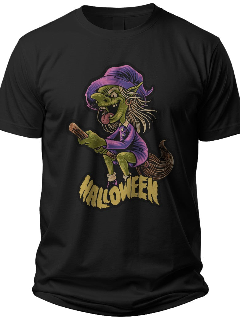 Halloween Witch Riding Broom Funny Graphic T-Shirt Spooky Costume Party Tee for Men Women