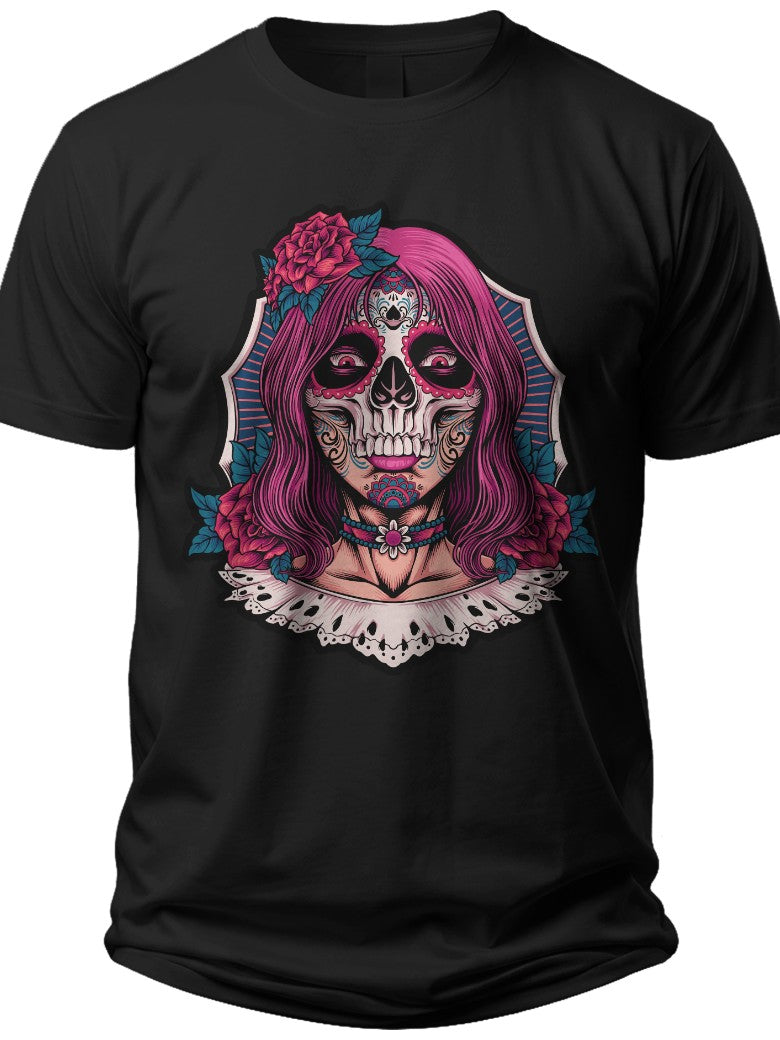 Men Women Sugar Skull T-Shirt Day of the Dead Graphic Tee Pink Hair Floral Gothic Halloween Casual Top