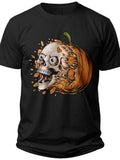 Unisex Halloween Pumpkin Skull Explosion Graphic T-Shirt Spooky Party Costume Tee