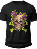 Unisex Black Skull Mushroom Graphic T-Shirt with Neon Green Crossbones Design, Psychedelic Gothic Tee Shirt