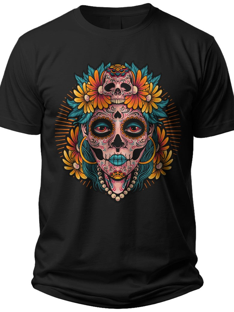 Unisex Day of the Dead Sugar Skull Graphic T-Shirt Floral Calavera Tee Halloween Party Costume