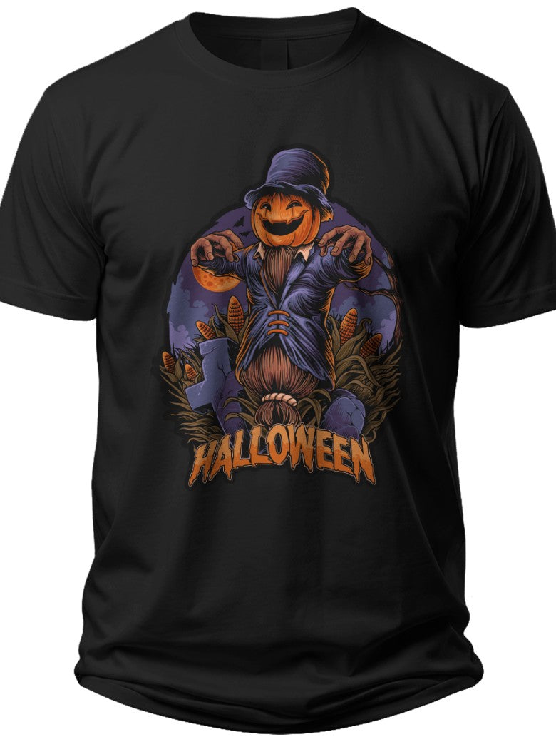 Halloween Pumpkin Scarecrow T-Shirt for Men Women Spooky Graphic Tee Short Sleeve Black Casual Fall Party Shirt