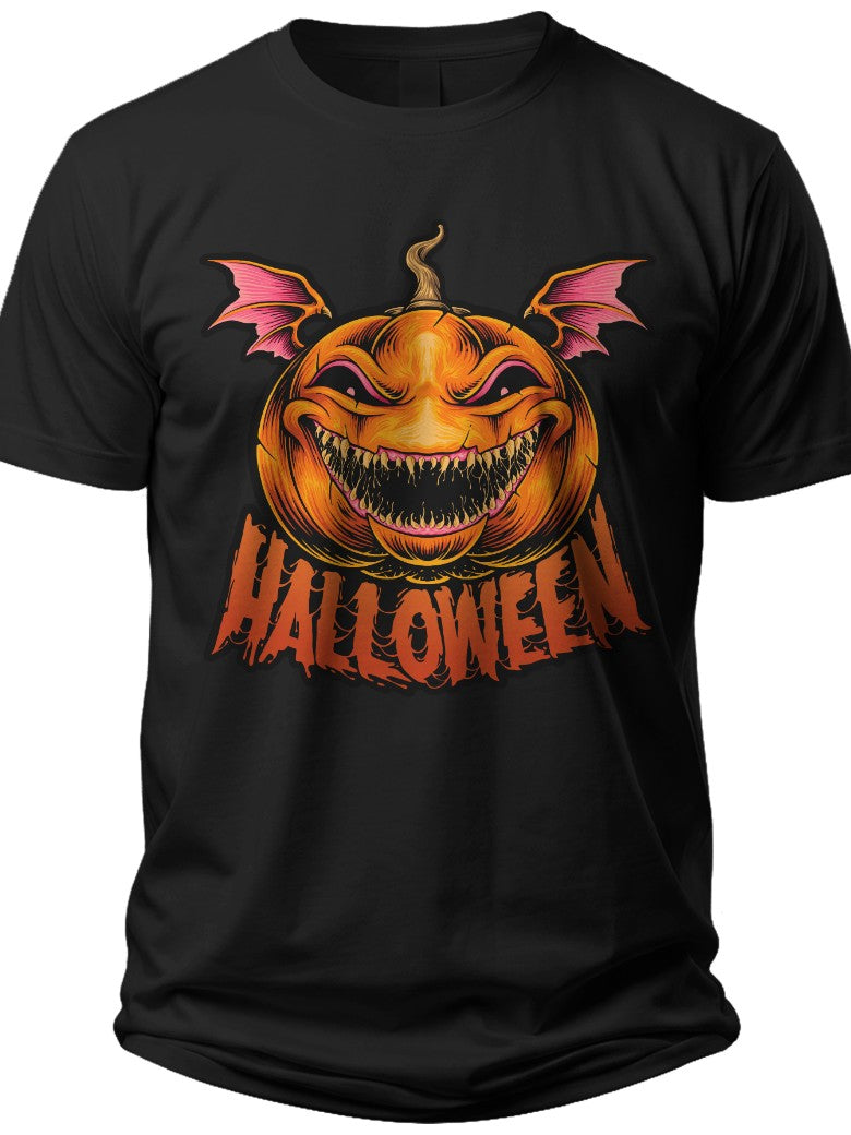 Unisex Halloween Spooky Pumpkin Monster T-Shirt Black Graphic Tee Bat Wings Scary Jack-o'-lantern Costume Party Adults