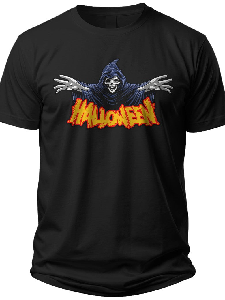 Men's Women's Halloween Grim Reaper Skeleton Graphic T-Shirt Spooky Costume Party Tee Black Short Sleeve Unisex Top