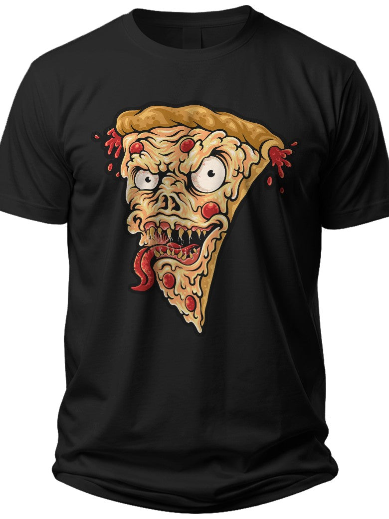Men's Funny Monster Zombie Pizza Slice Graphic T-Shirt Black Novelty Food Horror Tee Casual Wear