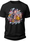 Men's Black Graphic T-Shirt - Cartoon Boy Riding Pencil Art School Student Learning Tee Casual Wear