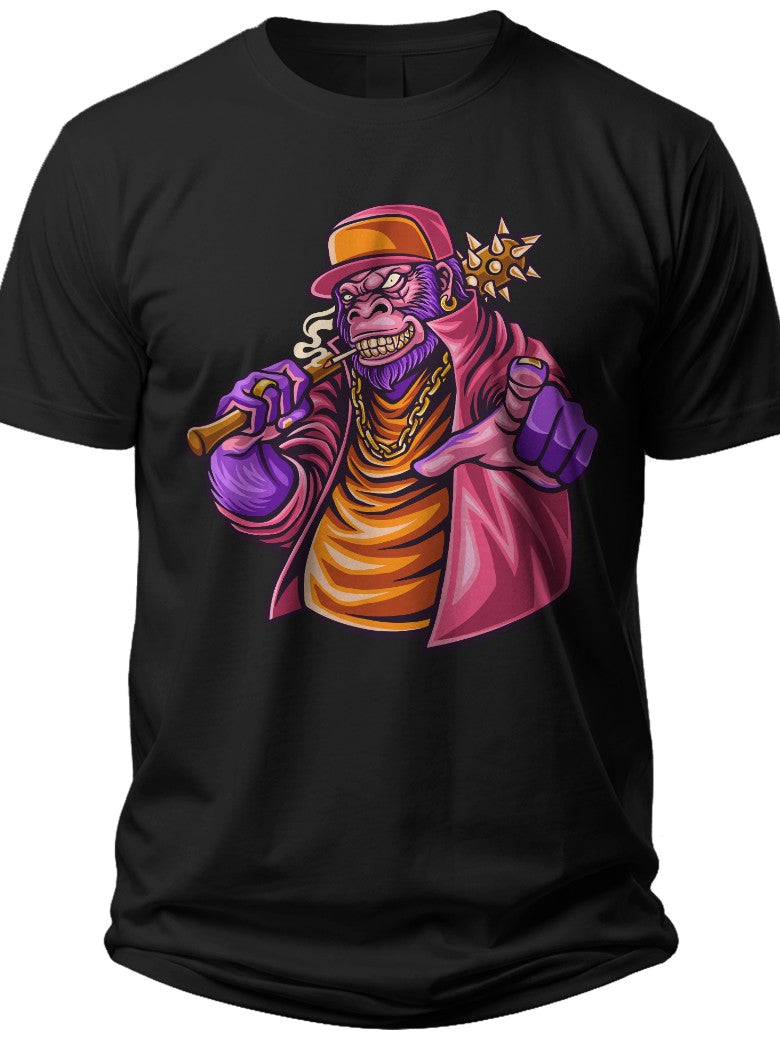 Unisex Black Graphic T-Shirt Featuring Cool Cartoon Gorilla Monkey Smoking Cigar Design Hip Hop Streetwear Casual Tee Top