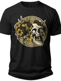 Men's Women's Black T-Shirt with Gothic Floral Skull Graphic Design Cool Casual Tee Top Unique Gift Idea