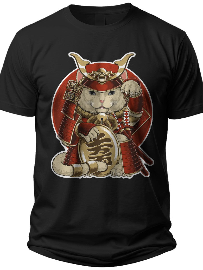 Men Women Japanese Samurai Cat T-Shirt Funny Lucky Warrior Graphic Tee Short Sleeve Casual Novelty Gift