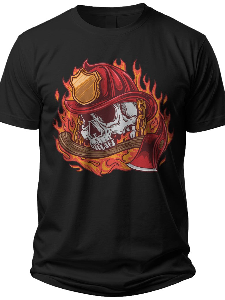 Men's Firefighter Skull Helmet Flames Graphic T-Shirt Black Short Sleeve Casual Crew Neck Tee