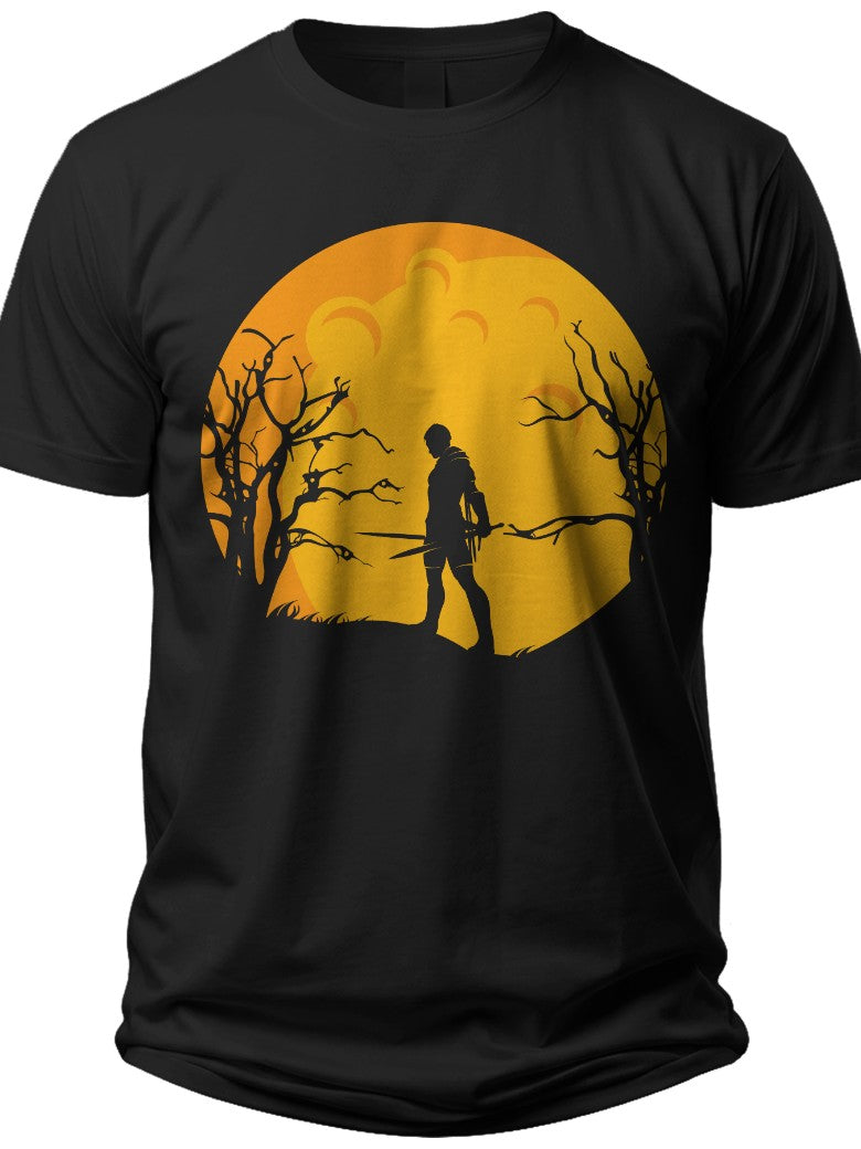 Men's Black Graphic T-Shirt with Orange Moon & Silhouette Design - Mysterious Figure & Bare Trees Spooky Theme Tee Top