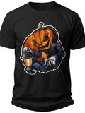 Spooky Pumpkin Head with Lantern Halloween Graphic T-Shirt Men Women Jack-o'-Lantern Fall Party Tee Costume