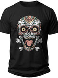 Unisex Black Sugar Skull T-Shirt, Colorful Day of the Dead Calavera Graphic Tee for Men Women, Halloween Spooky Top