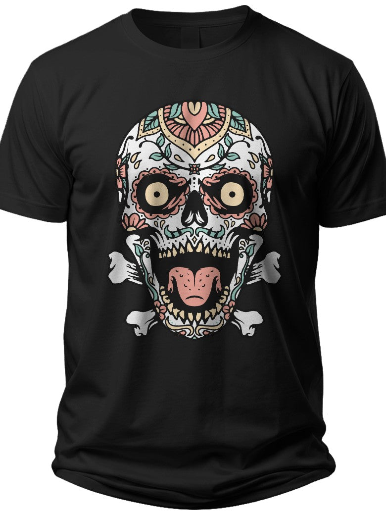 Unisex Black Sugar Skull T-Shirt, Colorful Day of the Dead Calavera Graphic Tee for Men Women, Halloween Spooky Top