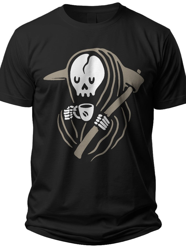 Funny Grim Reaper Coffee T-Shirt for Men Women Black Skull Graphic Tee Novelty Caffeine Lover Gift