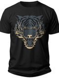 Men's Black Graphic T-Shirt, Stylized Fierce Roaring Tiger Head Print, Casual Short Sleeve Cotton Tee Top
