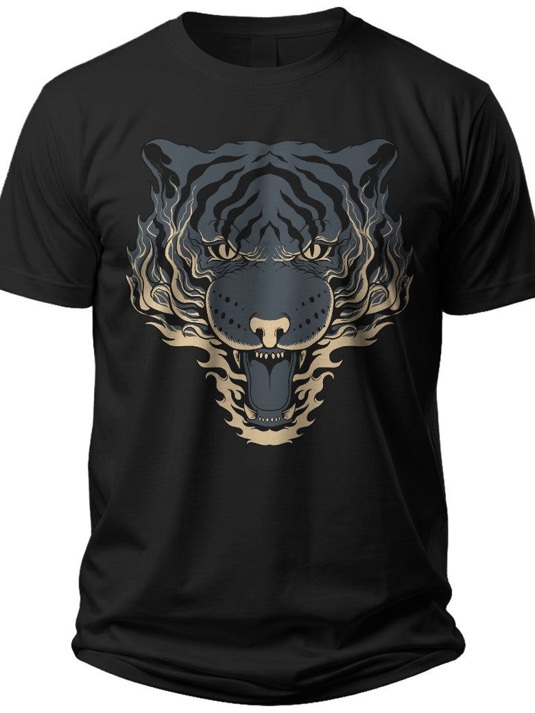 Men's Black Graphic T-Shirt, Stylized Fierce Roaring Tiger Head Print, Casual Short Sleeve Cotton Tee Top