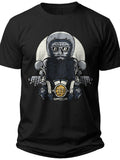 Cool Men's Black Motorcycle T-Shirt, Vintage Bearded Biker with Helmet & Shades Graphic Tee, Casual Short Sleeve Shirt