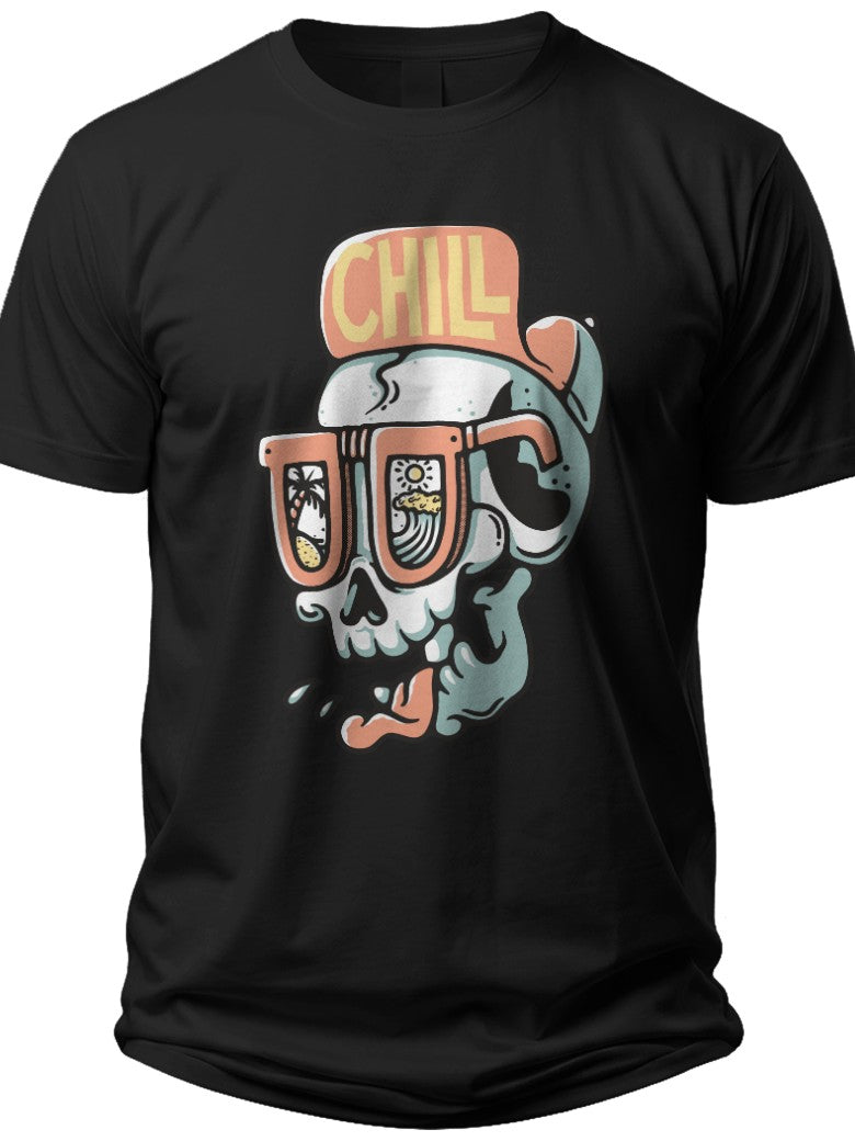 Unisex Black Skull T-Shirt with Glasses and 'Chill' Hat Graphic Print Cool Funny Casual Streetwear Tee