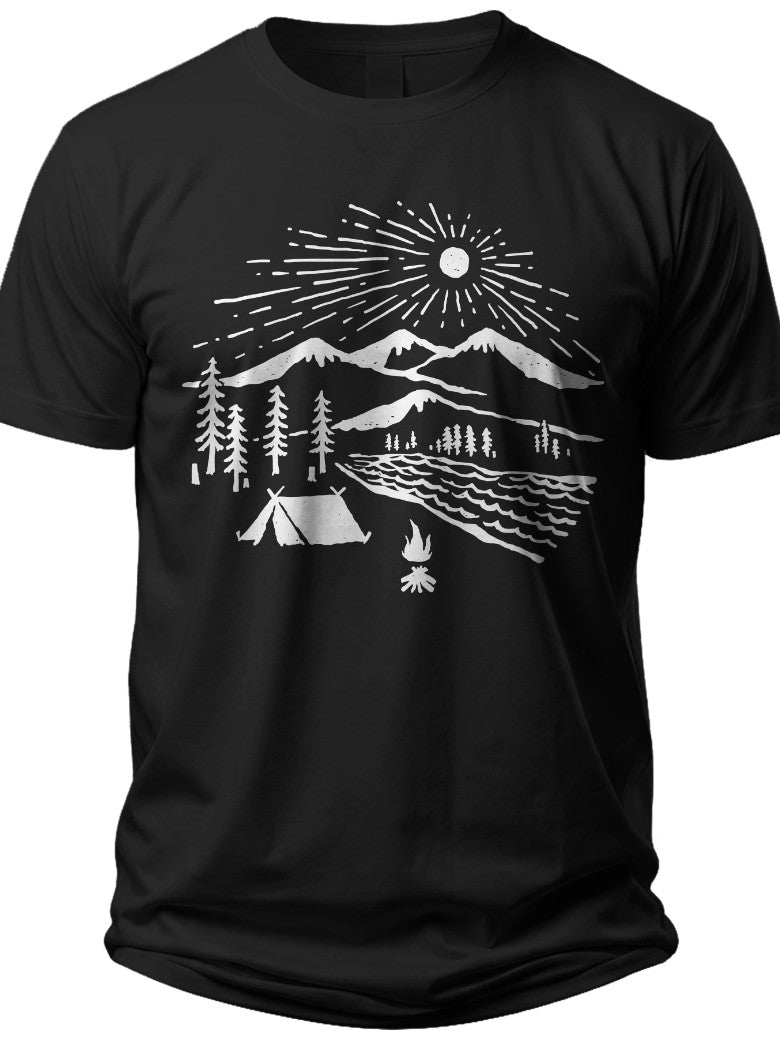 Unisex Outdoor Nature Graphic T-Shirt Camping Hiking Mountain Forest River Sun Print Casual Short Sleeve Tee