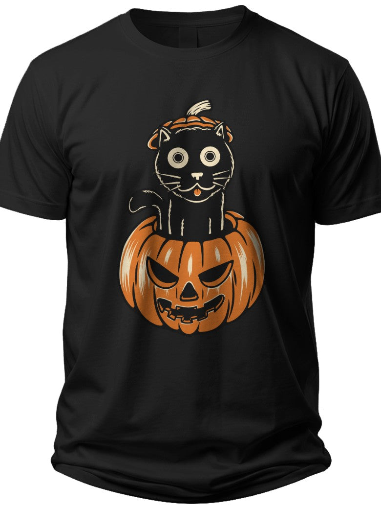Unisex Halloween Black Cat in Pumpkin Graphic T-Shirt Funny Spooky Fall Autumn Trick or Treat Tee