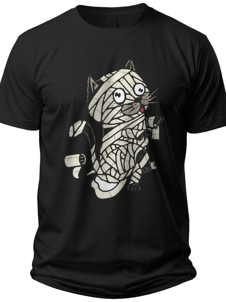Funny Cat Mummy T-Shirt Black for Men Women Cute Feline Toilet Paper Wrapped Graphic Tee Novelty Gift