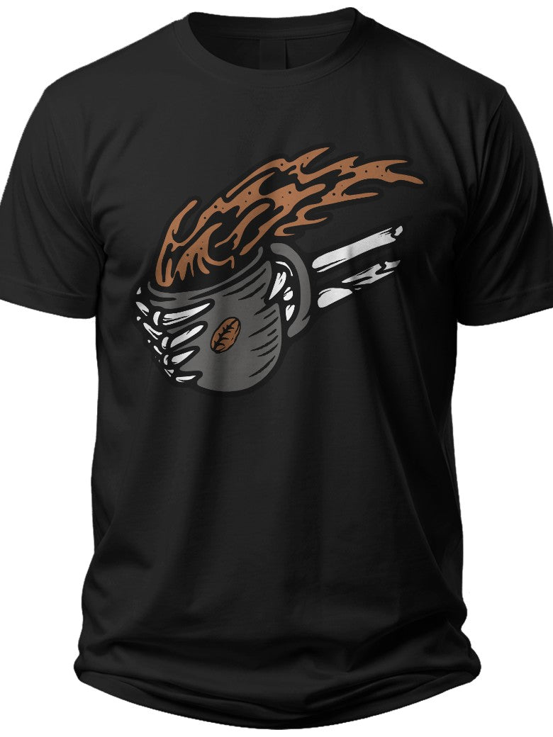Men's Flaming Coffee Mug Piston Skeleton Hand Graphic T-Shirt Black Casual Tee for Coffee & Car Lovers
