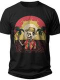 Unisex Funny Skeleton Hawaiian Shirt Sunset Palm Trees Beach Vacation Graphic Tee Black Summer T-Shirt