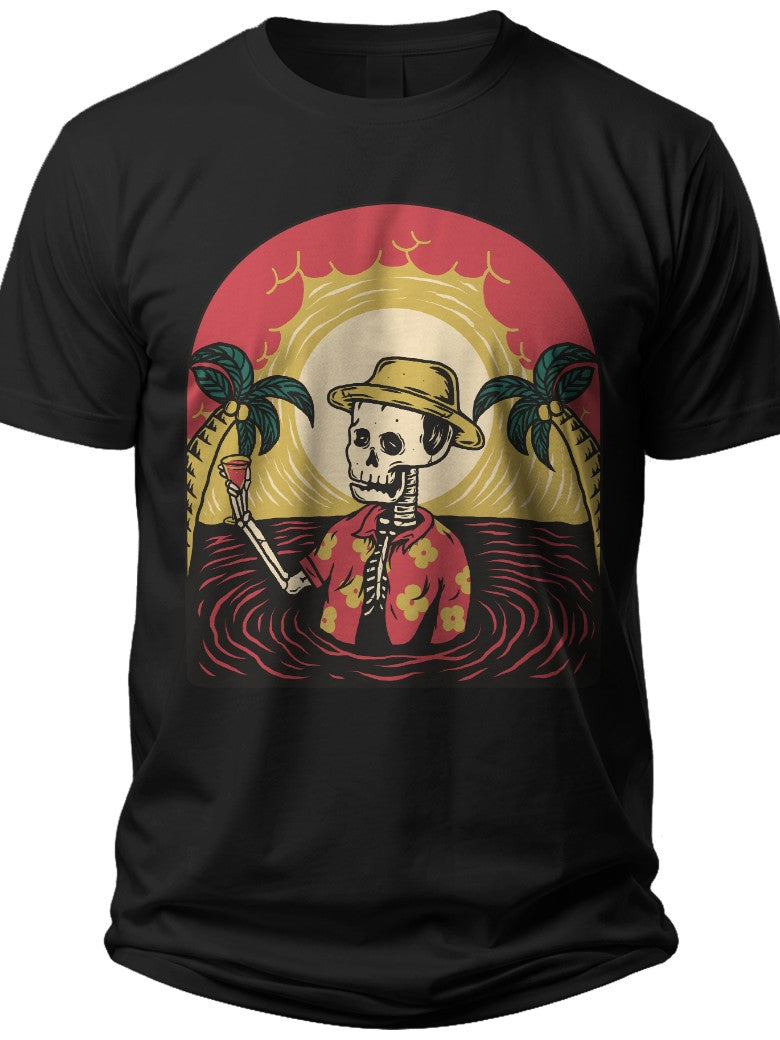 Unisex Funny Skeleton Hawaiian Shirt Sunset Palm Trees Beach Vacation Graphic Tee Black Summer T-Shirt