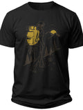 Men's Black Hiking T-Shirt with Mountain & Backpacker Graphic Print, Short Sleeve Outdoor Adventure Tee