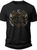 Black Graphic T-Shirt for Men Women with Wolf Head Moon & Pine Trees Nature Design Casual Cotton Tee