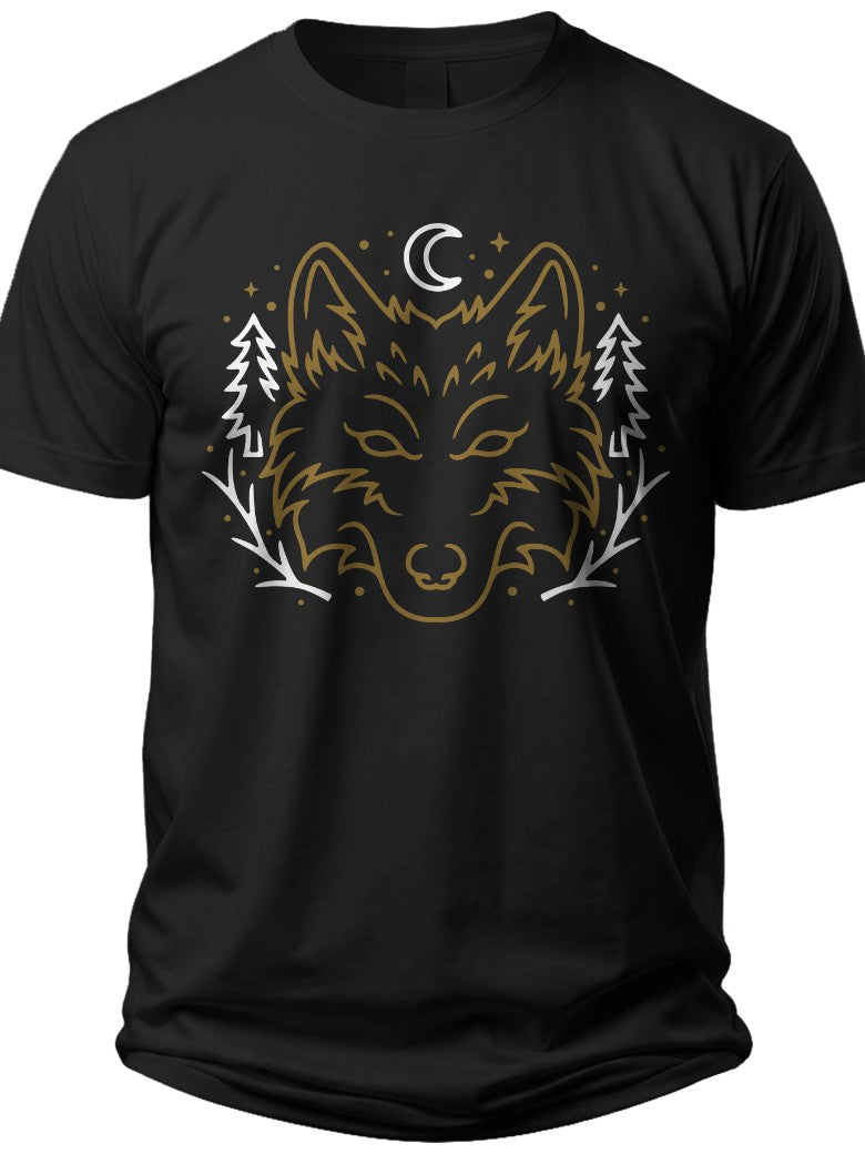 Black Graphic T-Shirt for Men Women with Wolf Head Moon & Pine Trees Nature Design Casual Cotton Tee