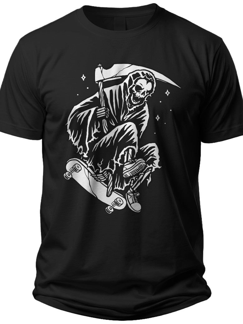 Men's Black Grim Reaper Skater T-Shirt with Scythe Graphic Print, Edgy Skull Skateboard Tee, Unisex Casual Streetwear