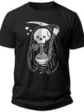 Funny Grim Reaper Eating Ramen Noodles T-Shirt for Men Women Black Graphic Tee Casual Foodie Skull Shirt