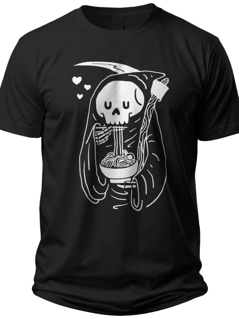 Funny Grim Reaper Eating Ramen Noodles T-Shirt for Men Women Black Graphic Tee Casual Foodie Skull Shirt