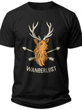 Men's Black Wanderlust Deer Antler Graphic T-Shirt Soft Cotton Tee for Travel Outdoor Nature Lovers