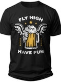 Men's Graphic T-Shirt Funny Beer Mug Print "Fly High Have Fun" Casual Short Sleeve Party Tee