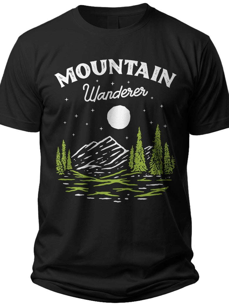 Men's Women's Mountain Wanderer Graphic T-Shirt Outdoor Nature Adventure Hiking Camping Tee Black