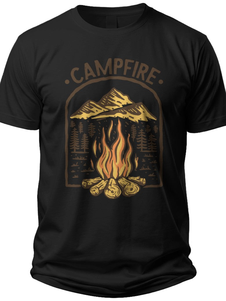 Unisex Campfire T-Shirt Outdoor Camping Mountain Graphic Tee for Men Women Adventure Nature Lover Black Casual Cotton Shirt