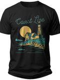 Unisex Lighthouse T-Shirt Coast Line Graphic Nautical Beach Vacation Summer Tee Casual Cotton Top for Men Women