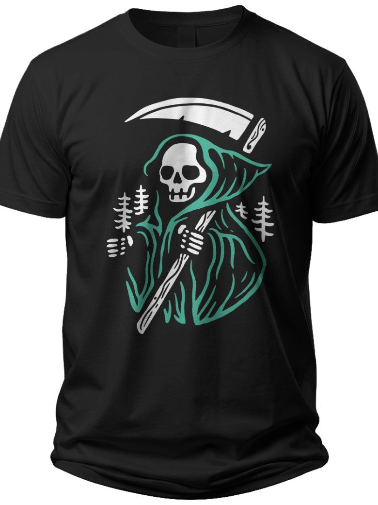 Unisex Grim Reaper Skull Scythe Graphic T-Shirt Black Casual Halloween Gothic Novelty Tee Men Women Teens