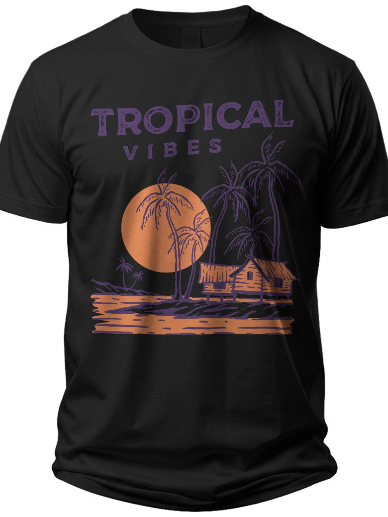 Tropical Vibes Sunset Palm Tree Beach Graphic T-Shirt for Men Women Summer Vacation Casual Tee