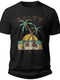 Men's Women's Black Salty Vibes Graphic T-Shirt, Beach Sunset Palm Tree Surf Summer Vacation Casual Tee