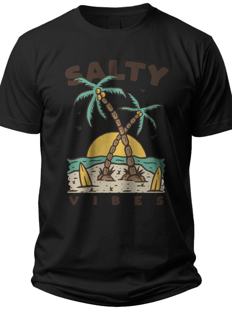 Men's Women's Black Salty Vibes Graphic T-Shirt, Beach Sunset Palm Tree Surf Summer Vacation Casual Tee