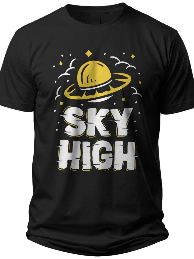 Unisex Black UFO T-Shirt Sky High Graphic Print Tee Funny Alien Spaceship Short Sleeve Casual Top