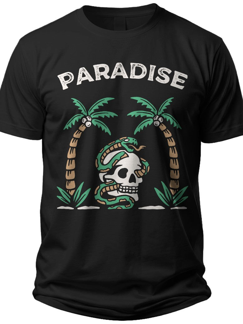 Men Women Skull Snake Palm Trees Paradise Graphic T-Shirt Short Sleeve Casual Summer Beach Vacation Tee