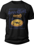 Unisex Black Adventure Awaits Compass Graphic T-Shirt Short Sleeve Casual Travel Tee for Outdoor Enthusiasts