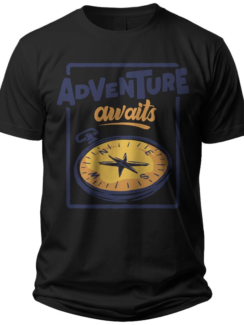 Unisex Black Adventure Awaits Compass Graphic T-Shirt Short Sleeve Casual Travel Tee for Outdoor Enthusiasts