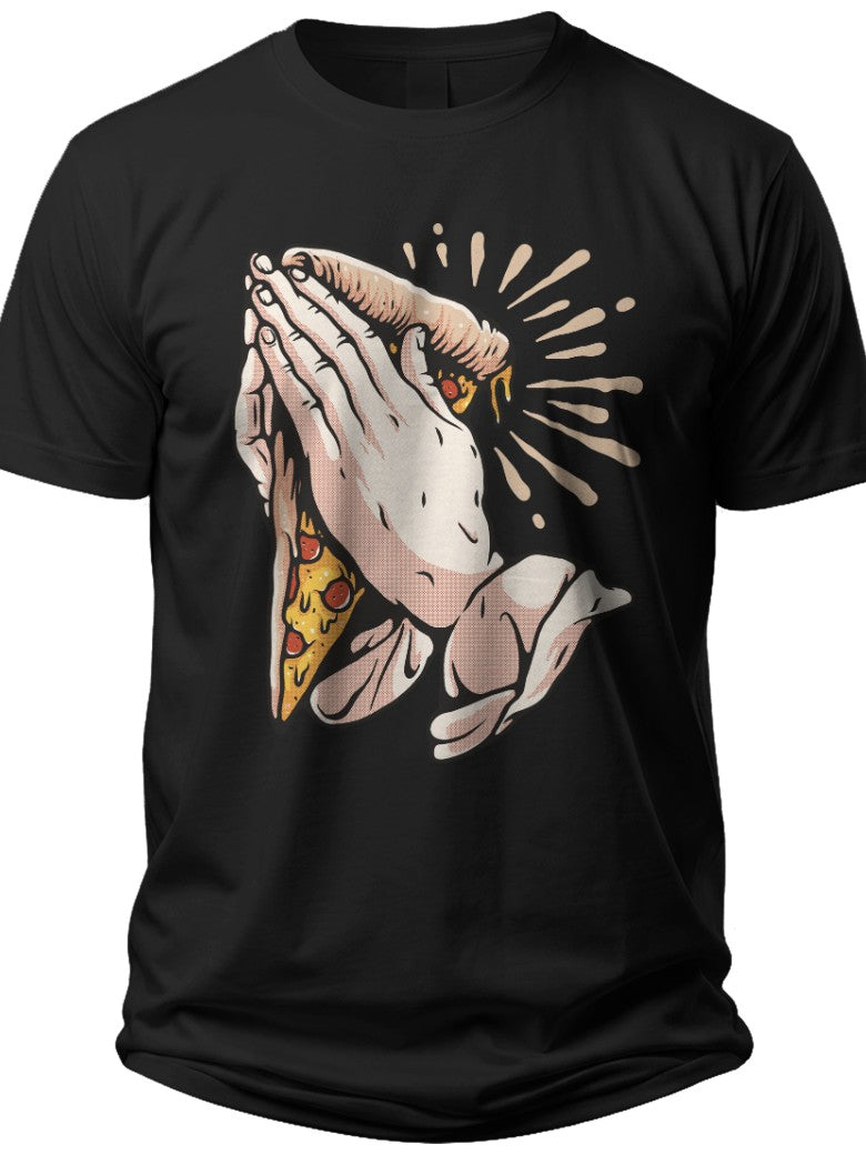 Funny Pizza Praying Hands Graphic T-Shirt Men Women Black Novelty Foodie Casual Short Sleeve Tee